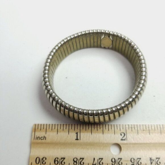 Vintage Silver Tone Ribbed Stretch Bangle Bracelet, Unisex Minimal Stacking - Picture 5 of 6